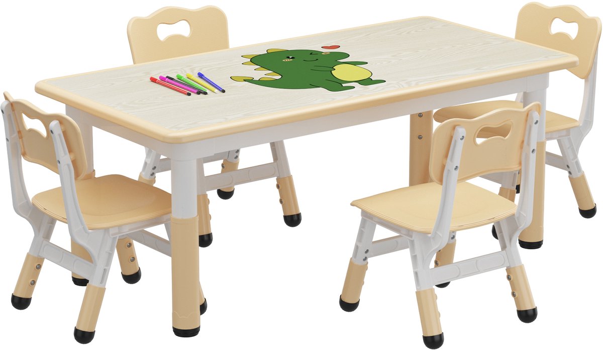 Kindertafel en Stoeltjes - met 4 Stoelen - Speeltafel - Kinderbureau - Tekentafel - natuurlijke houtkleur - Hoogteverstelbaar