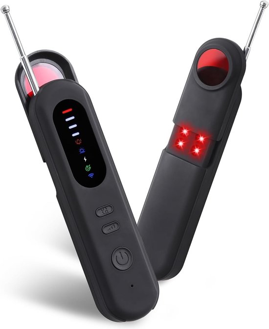 Twee zwarte signaaldetectoren op witte achtergrond. Eén toont rode lampjes en een antenne, de andere vier rode lampjes.