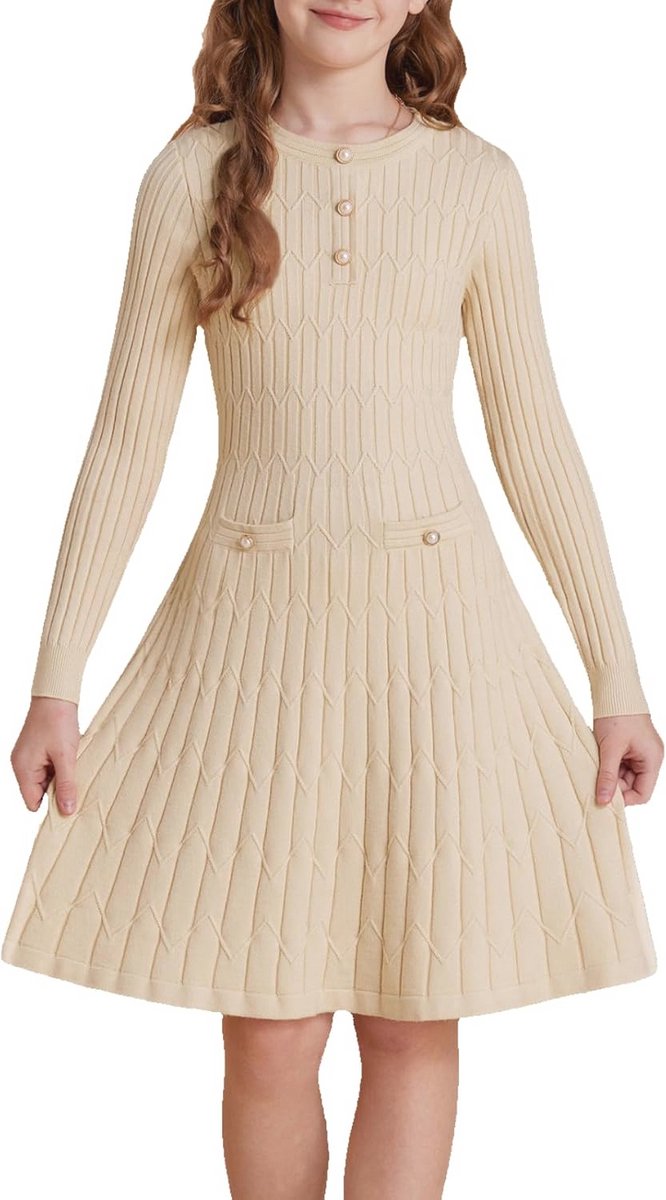 Elegante meisjes knielange sweater jurk met lange mouwen, A-lijn en riem voor feesten