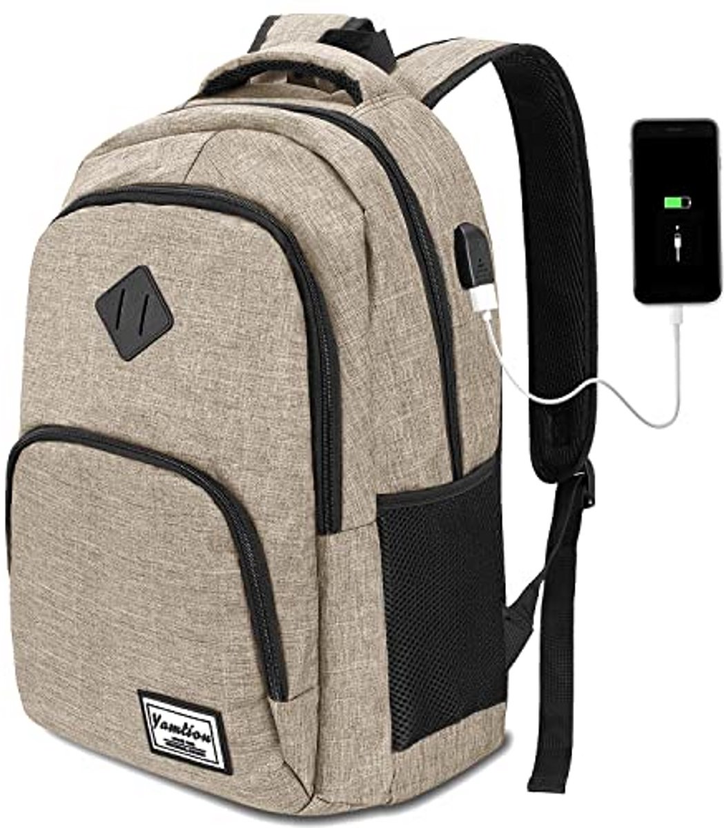 Laptoptas voor School en Reizen met USB Oplaadpoort - Beigekleurige Rugzak