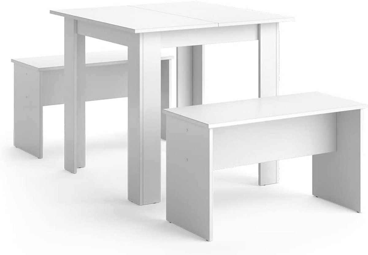 Moderne Eettafel met 2 Banken - Wit, 80 x 80 cm