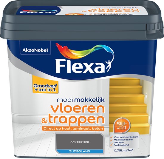 Flexa Mooi Makkelijk vloeren & trappen zijdeglans in antracietgrijs. De verf is direct op hout, laminaat en beton aan te brengen. De pot bevat 0,75L.