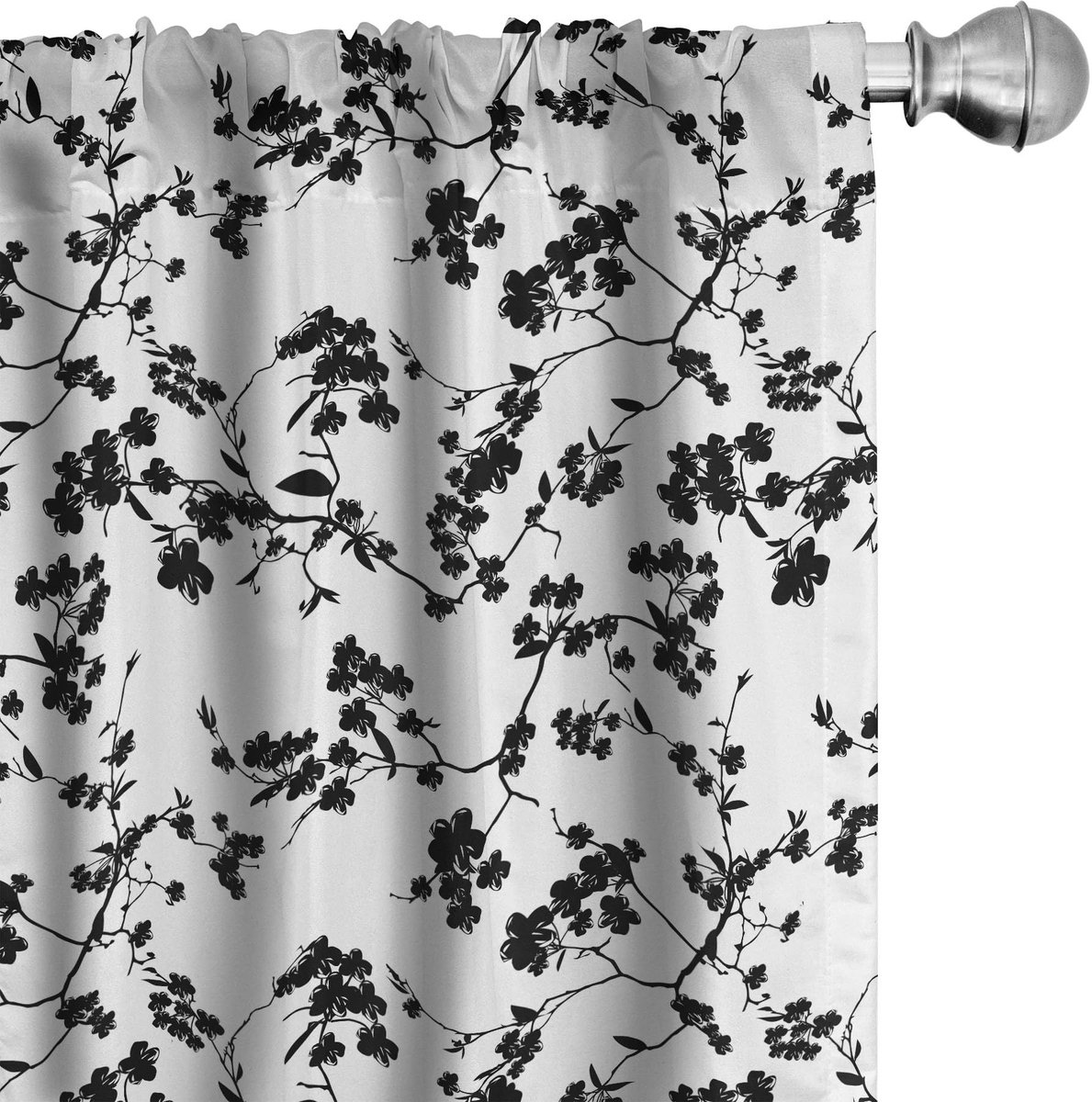 ABAKUHAUS 2-delige set voorhangen Sakura Blooom Silhouette – 75×225 cm – microvezel – Zwart/Wit Wit Zwart