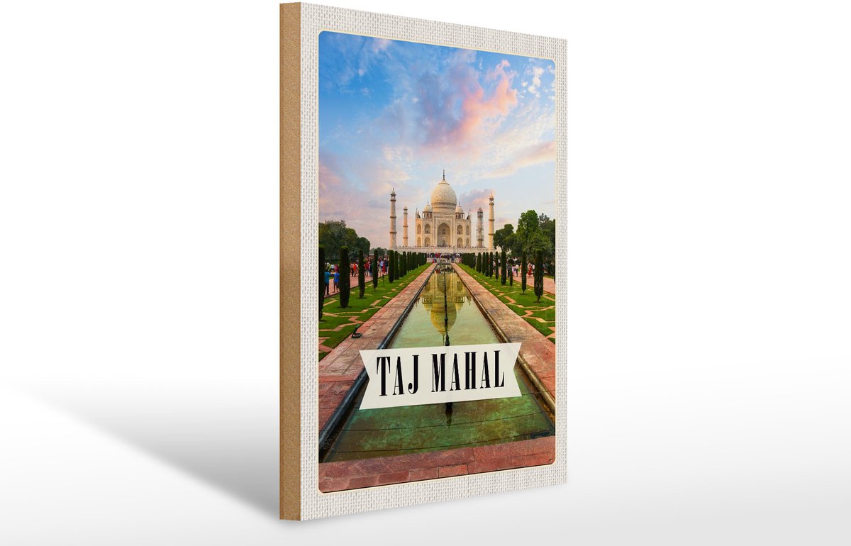 Femer Holzschild Reise 30x40cm Indien Taj Mahal Agra Garten Bäume