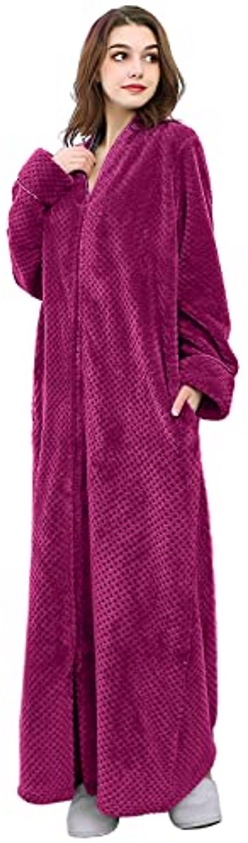 Warme dames fleece badjas met ritssluiting - Lange pluchen ochtendjas
