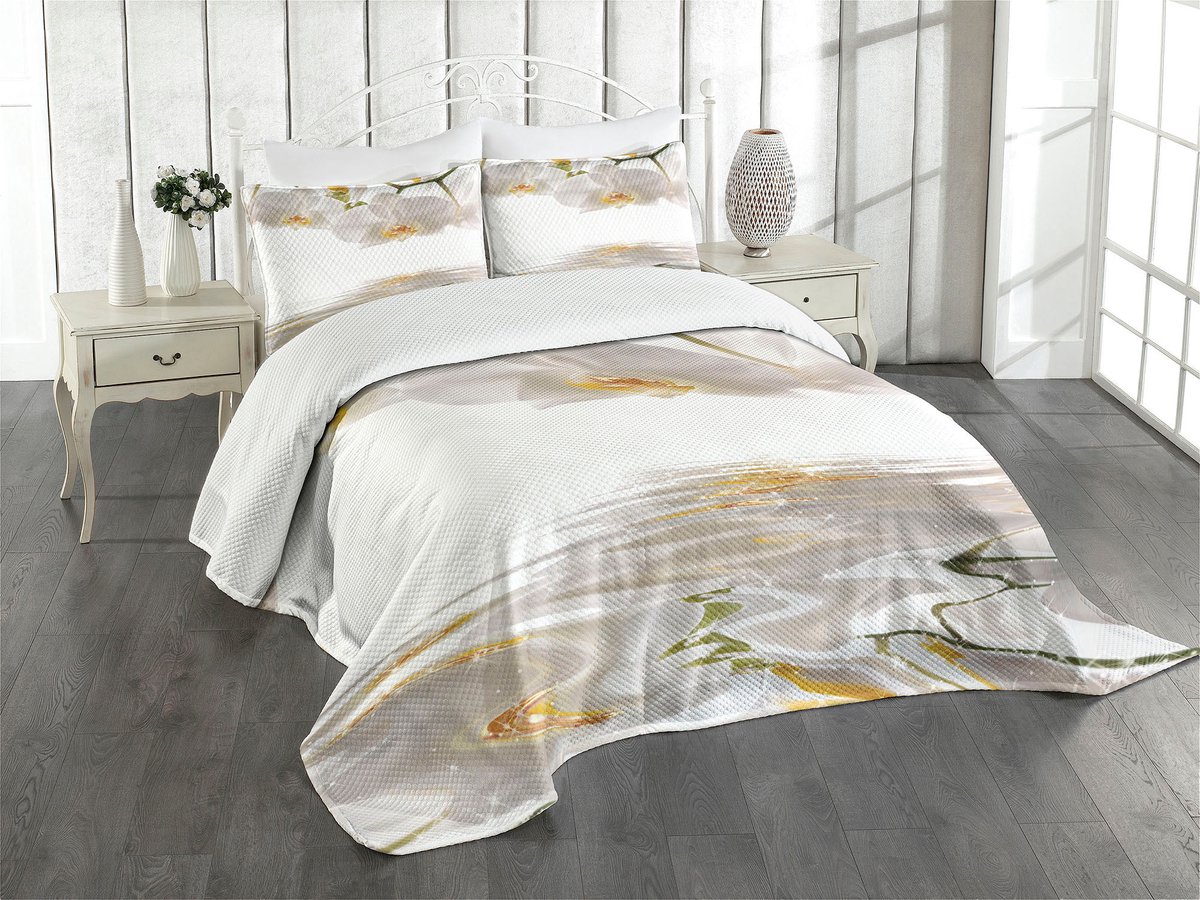 ABAKUHAUS Bloemen sprei-set – 3-delig, 264x220 cm, wit/oranje, gequilt