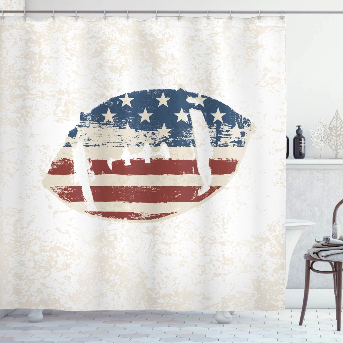 ABAKUHAUS Douchegordijn – Amerikaans vlagvoetbal – 175x180 cm – Crème/Blauw/Rood