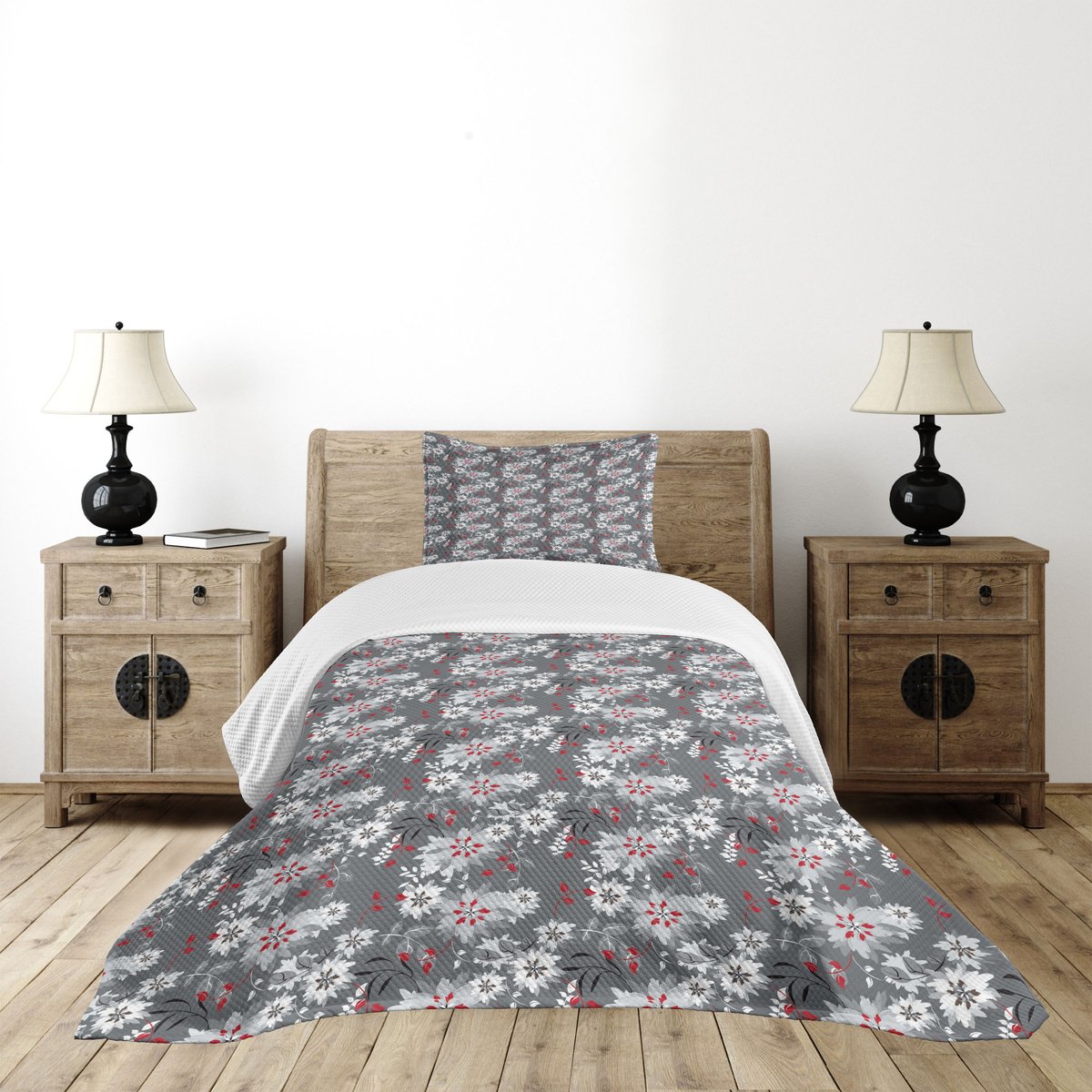ABAKUHAUS Bloemen Sprei Blooming – Gequilt 2-delige Dekbedovertrekset 170x220 cm, Lichtgrijs/Vermiljoen-grijs