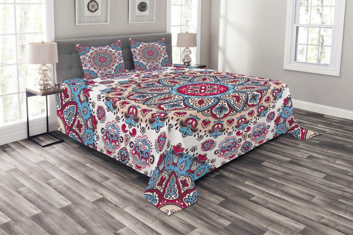 ABAKUHAUS Sprei-Set – Etnisch Bloemmotief – Turkoois & Roze
