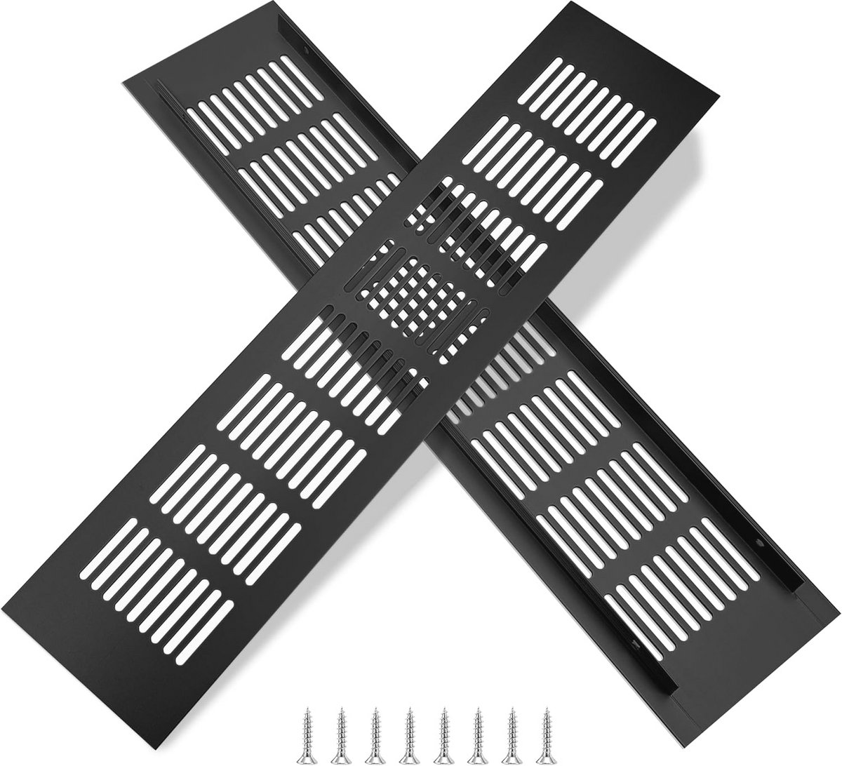 Rechthoekig ventilatierooster 35 x 8 cm - Ventilatierooster voor deuren en kasten - Set van 2 - Zwart