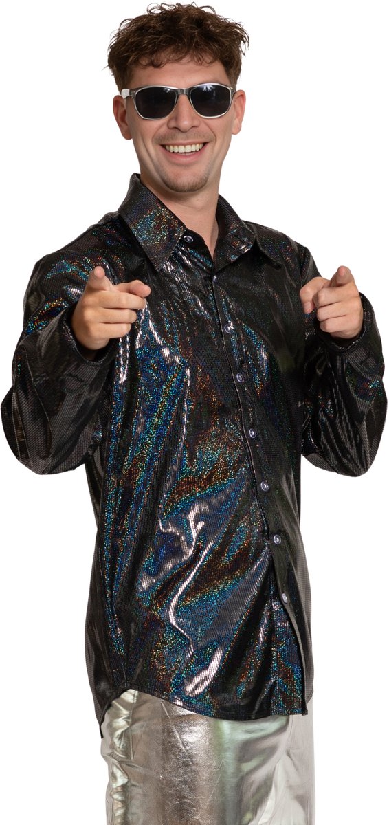 Partychimp Shiny Disco Shirt Zwart voor Heren Carnavalskleding Foute Party Verkleedkleding Volwassenen Heren Toppers 2026- Disco- Shiny- Polyester - XL
