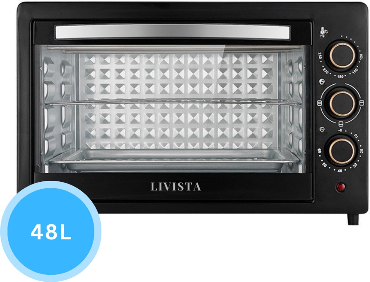 Livista® Vrijstaande Oven – 48L – Dubbele Verwarming – 120–250 °C – RVS Binnenkant – Gehard Glas – Perfect voor Bakken, Braden en Grillen