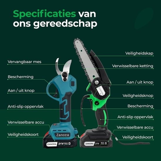 Zanora® Snoeiset - Mini Kettingzaag 21V + Elektrische Snoeischaar - Snoeizaag en Snoeischaar met 4 Accu’s - Voor Boomstammen tot 25cm en Takken tot 30mm - Draadloos en Krachtig van Zanora — afbeelding 2