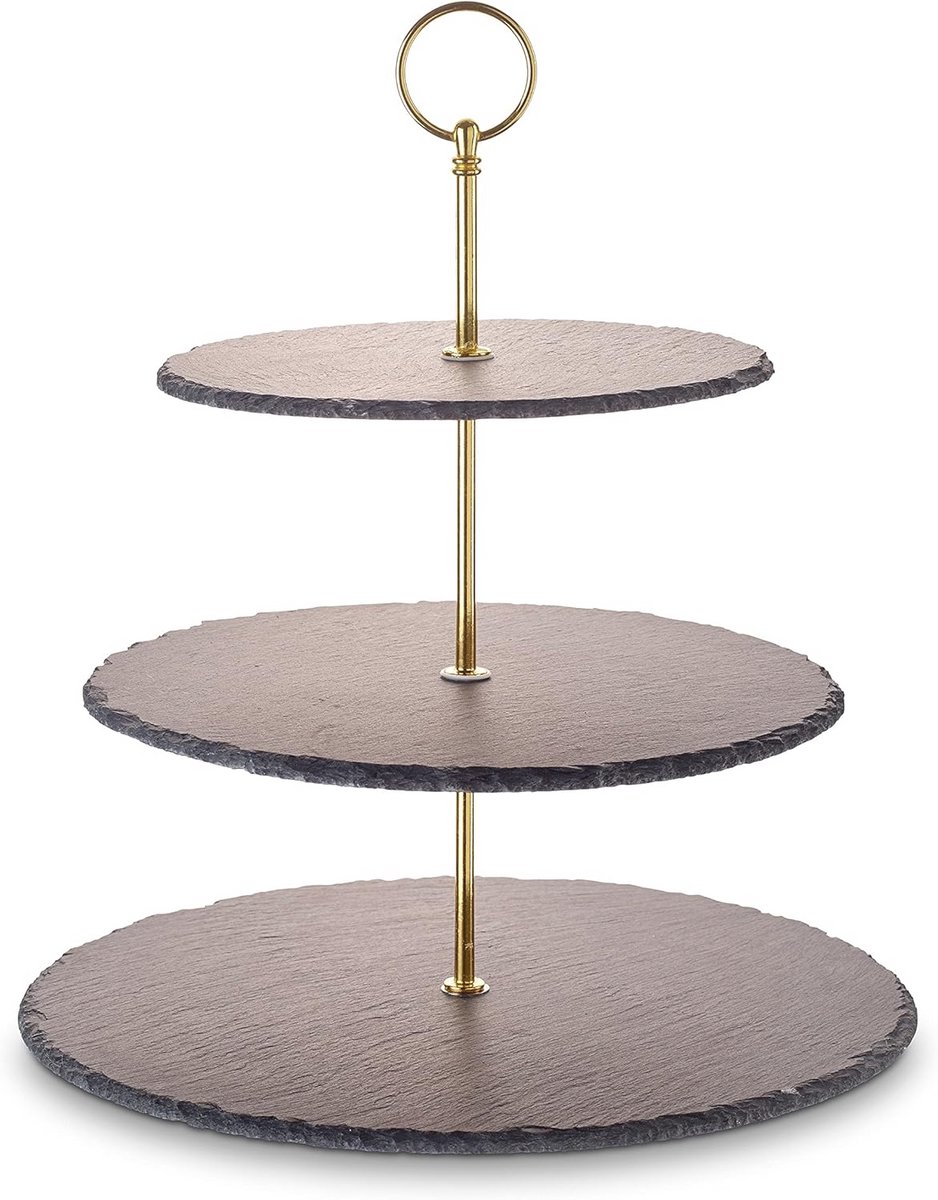 Etagère van leisteen met metalen handgreep voor cake, fruit en kaas – 3 niveaus