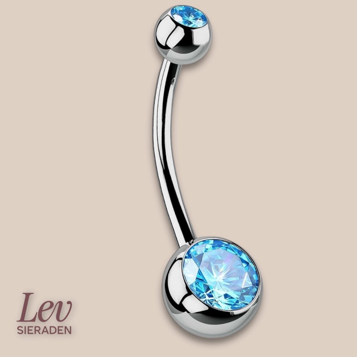 Lev Sieraden - Titanium double jewelled navel barbell piercing - 1.6 x 10 mm - 5 mm en 8 mm bal met Aquamarine kleurige Zirkonia