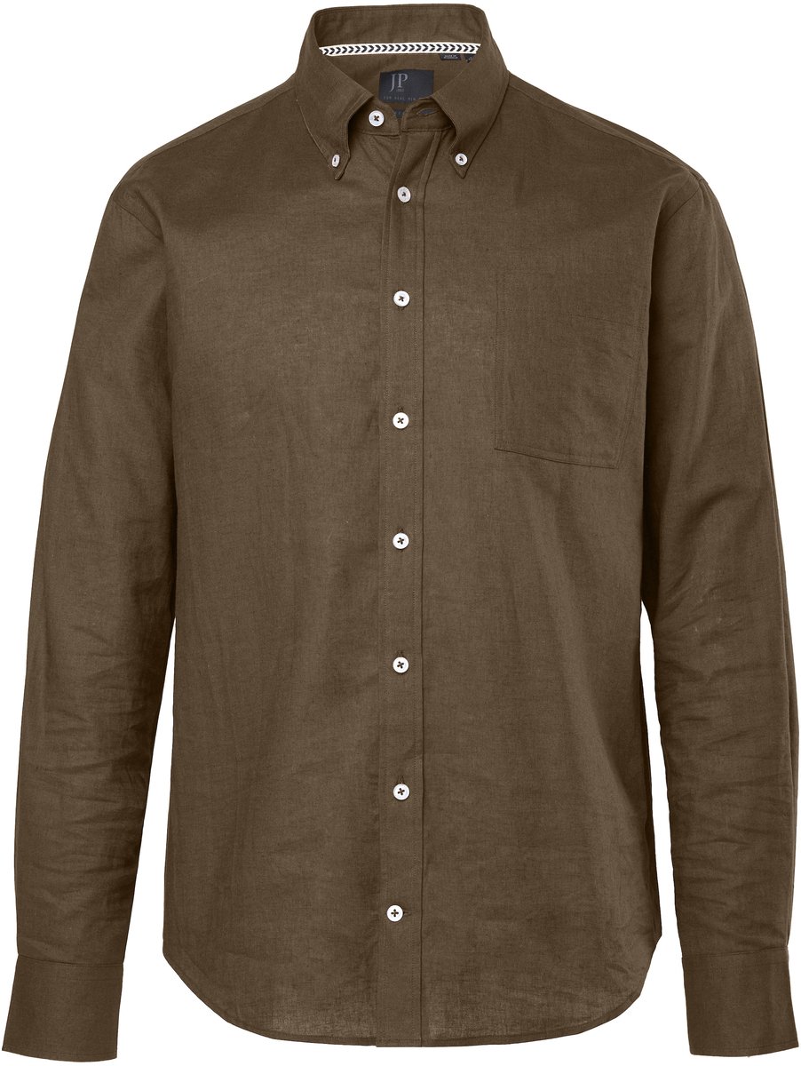 JP 1880 - Heren - Overhemd van een linnenmix lange mouwen button-down kraag - Bruingrijs - Maat 8XL