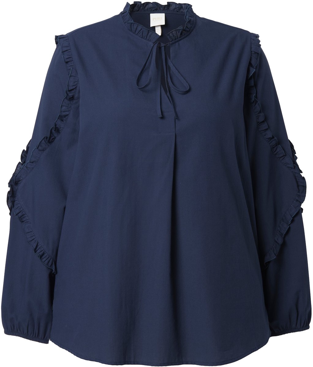 Ulla Popken - Dames - Tuniek ruches opstaande kraag lange mouwen - Marineblauw - Maat 58+