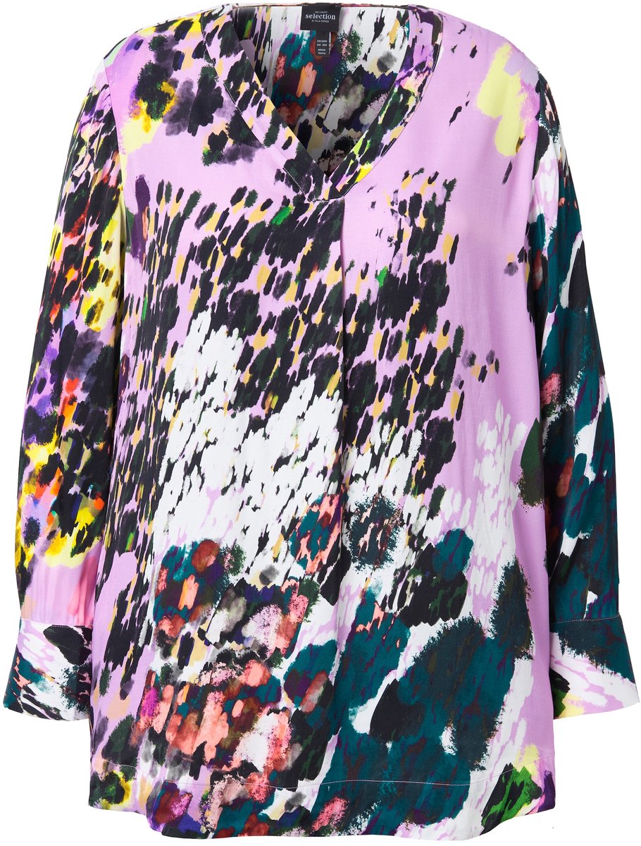 Ulla Popken - Dames - Satijnen blouse met print V-hals lange mouwen - Diepgroen - Maat 58+