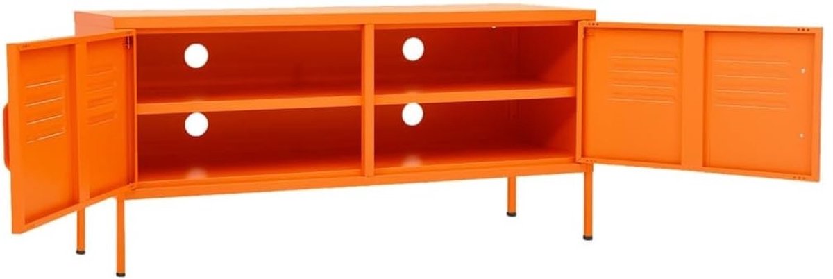 Oranje Metalen TV Kast met 2 Deuren en Opbergruimte, Robuust Lowboard voor Woonkamer, Stalen TV Meubel met Kabeldoorvoeren, 105x35x50 cm – Altameubel