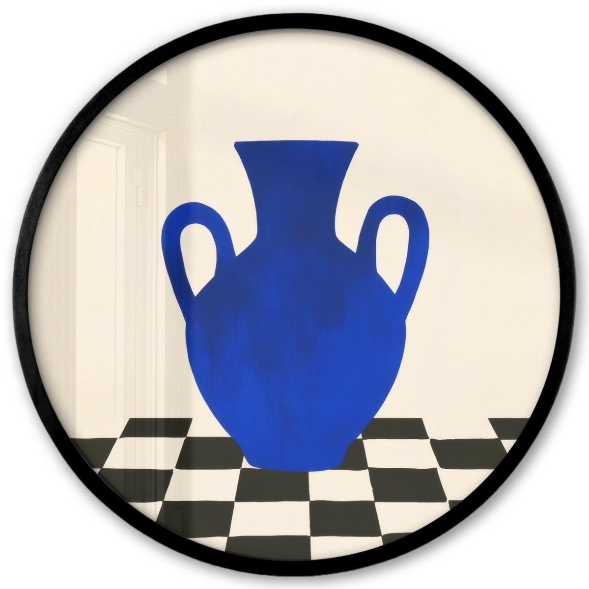 FrameYourWall Poster in lijst Rond - Fotolijst 40x40 cm - Posters - Vaas - Blauw - Geblokt - Modern - Ronde posterlijst zwart - Decoratie - Wanddecoratie woonkamer - Muurdecoratie slaapkamer