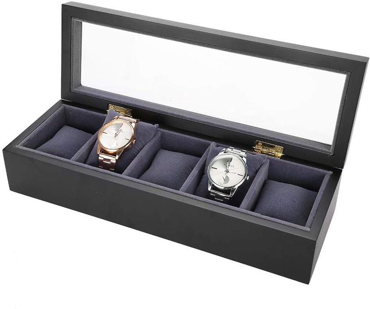 5 Grates Stove Lacquer Watch Display Box - Opslag Box Organizer - Horloge Sieraden Armband Weergave Glasdeksel Box (Zwart)