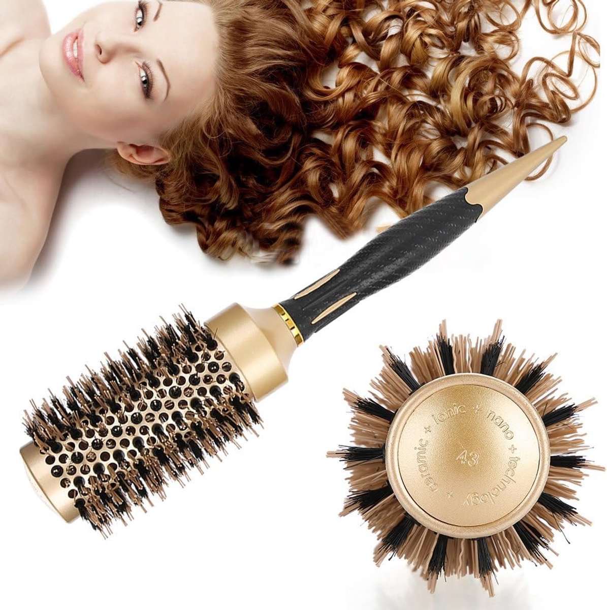 Portable Antistatic Round Hair Styling Comb - Gold and Black - Professionele Haarkam - 43mm