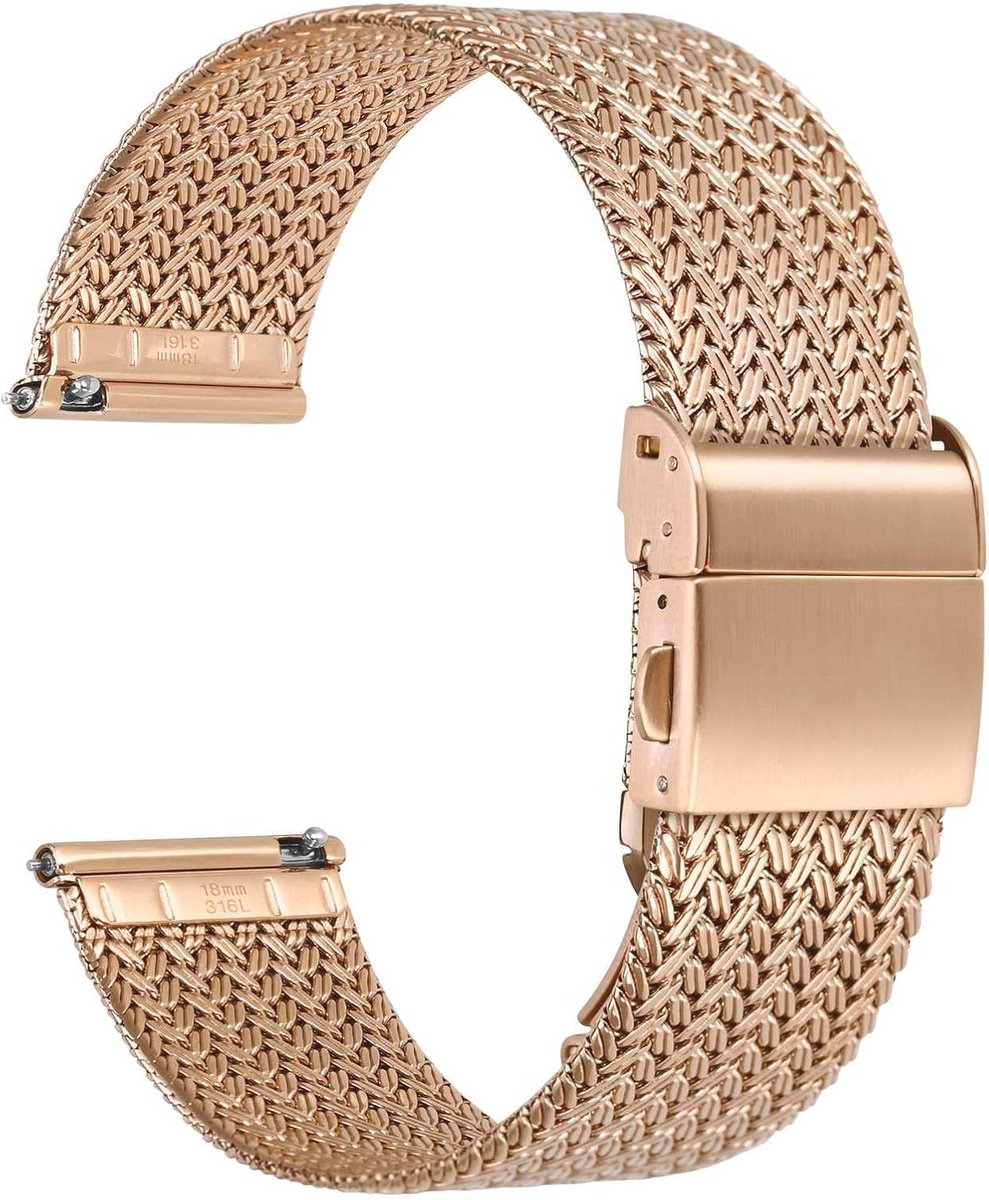 22mm Metalen Horlogeband voor Heren en Dames van Roestvrij Staal - Snelsluiting en Vouwsluiting (Rosé Goud)
