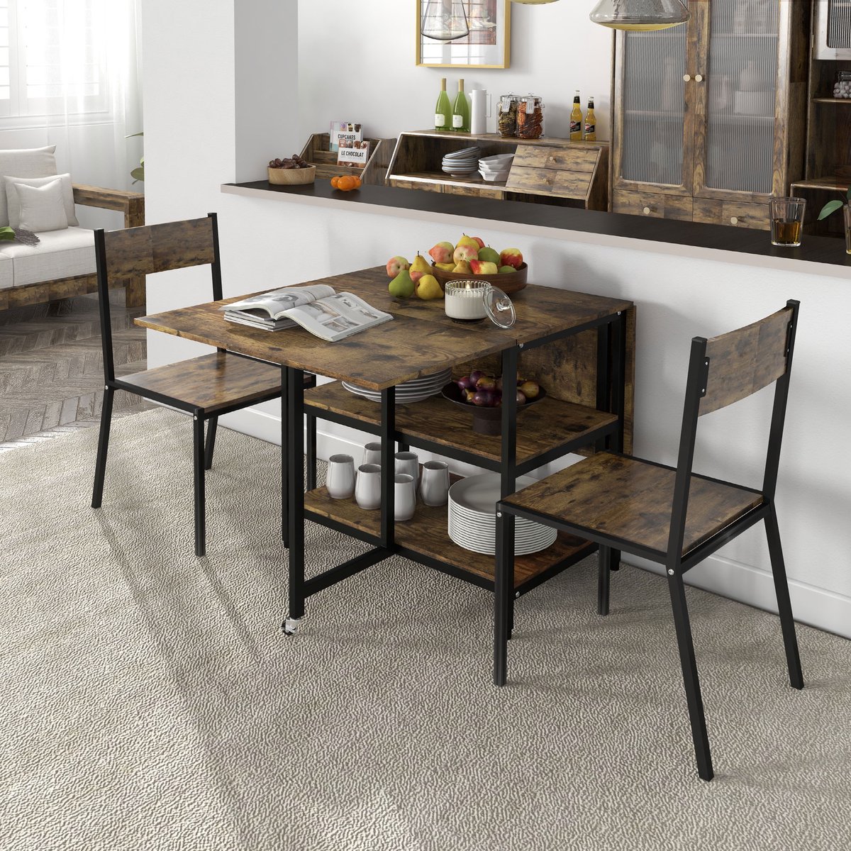 REDOM Eettafel 140L x 80B x 75Hcm van staal en melamine, klapbaar met 2 opbergplanken, zwenkwielen en stelvoeten Bruin