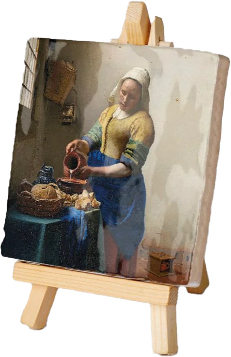 Kunsttegeltje.nl - Mini Schilderij tegeltje Vermeer - Het Melkmeisje - Kunst Schilderijtje met houten ezeltje - 10x14cm