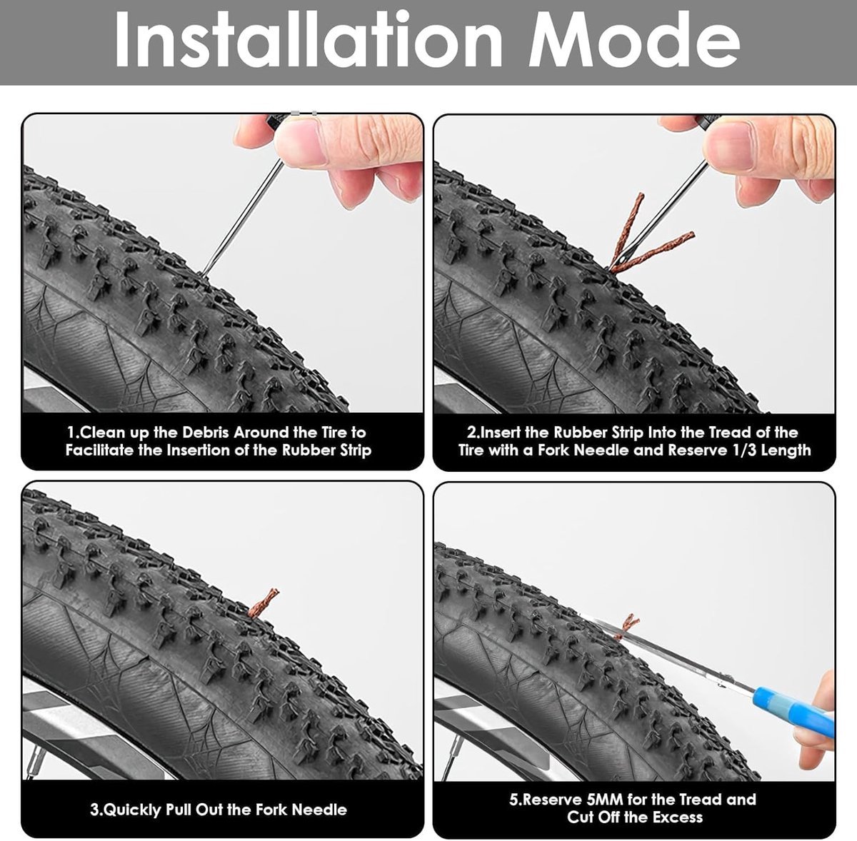Tubeless Reparatieset - Fietsbandenreparatieset - Essentiële set met 10 rubberen banden - Reparatie van fietsbanden - Tubeless fietsbandenreparatieset - Boorgereedschap voor fiets，Fietsreparatiegereedschap en accessoires thumbnail 3