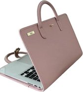 Roze PU laptop tas met handvat, met een laptop erin geplaatst.