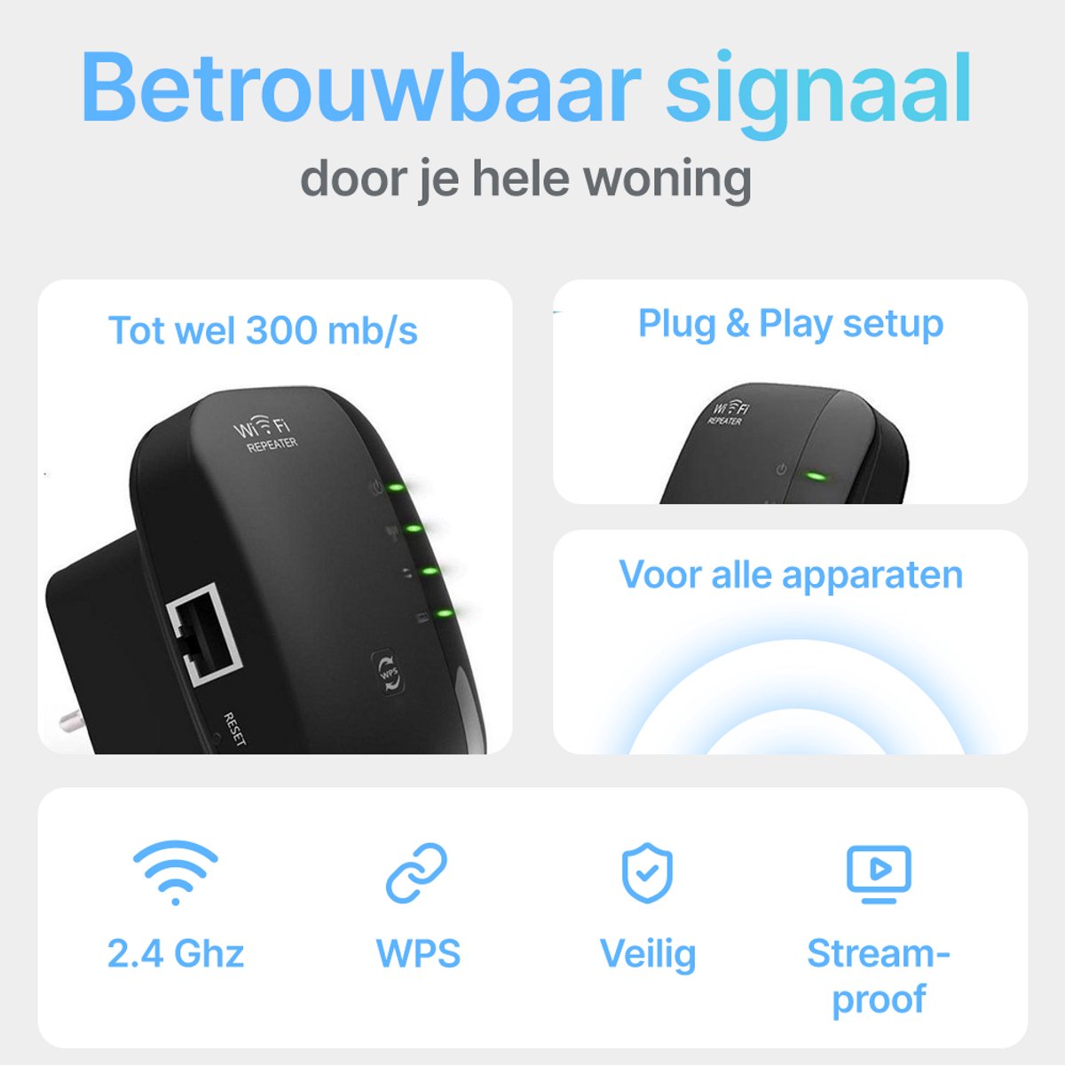 WiFi Versterker stopcontact - Zwart- Wifi Repeater - 300Mbps - afbeelding 2