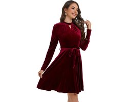 Fluwelen Jurk Voor Dames, Korte Elegante Satijnen Cocktailjurk, Lange Mouwen, Rockabilly A-Lijn Feestelijke Jurk Met Riem Rood XL