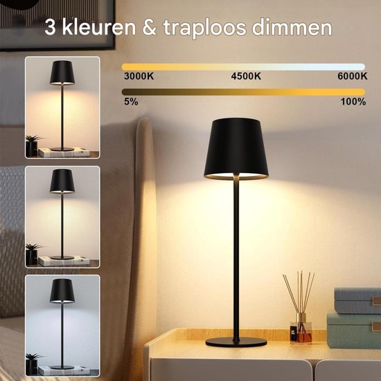 GELLDG Dimbare LED oplaadbare bureaulamp - 2-pack - Touch Control draadloze bureaulamp - met USB-C-poort - Metalen LED oplaadbare batterij - Geschikt voor binnen- en buitengebruik - IJzeren schelp - IP44 waterdicht - 5600 mAh - 5 W - Zwart — afbeelding 4