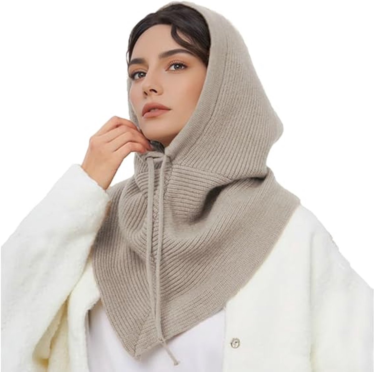 Muts -Warme muts - Wintermuts dames - Gebreide muts - Winter warme -Gebreide Muts Dames -2-in-1 Capuchonsjaal - Wintermuts Zonder Rand - Gebreide Haakmuts Sjaalset - Perfect voor Feestdecoratie - Kerstcadeau - Kerst - Beigegrijs - Pasen — cadeau in Mode & Accessoires - foto 2