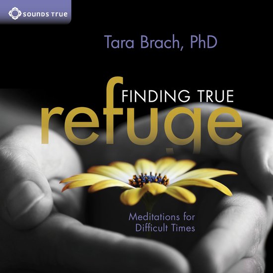 Twee handen houden een gele bloem vast met de tekst 'Finding True Refuge Meditations for Difficult Times'.