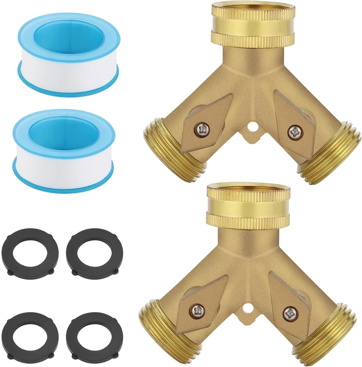 Provento - Tuinslang Splitter voor het verdelen van water - Kraanaansluitingen - Dubbele kraanadapter - 2-weg Y-splitter - Messing Tapkraan Aansluiting - 2 stuks - Goudkleurig