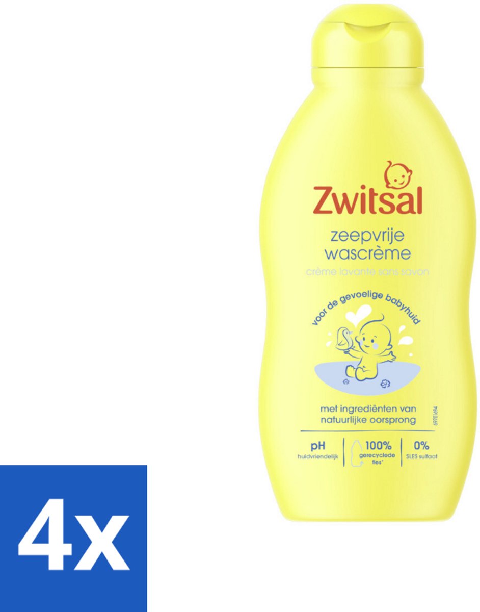 4 x Zwitsal - Zeepvrije Wascrème - Milde Reiniging - Gevoelige Babyhuid - 200 ml - Babywas - Babyhuid - Zachte Babywas - Zeepvrije Babywas - Babyverzorging
