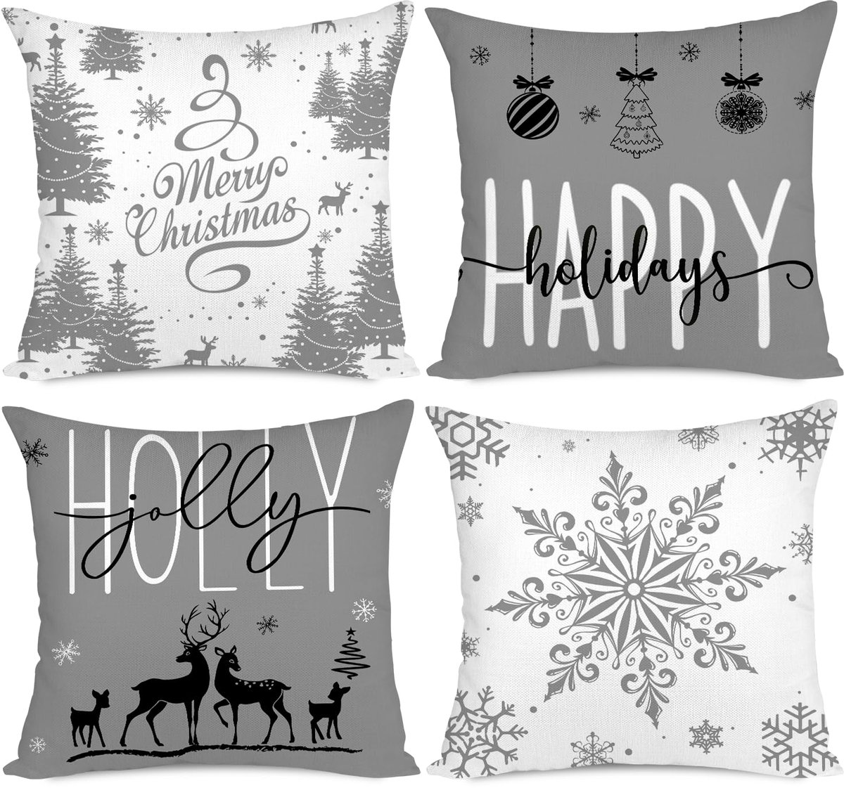 Unyqoos Set van 4 grijze kerstkussenhoezen met sneeuwvlok design voor feestelijke sfeer grijs