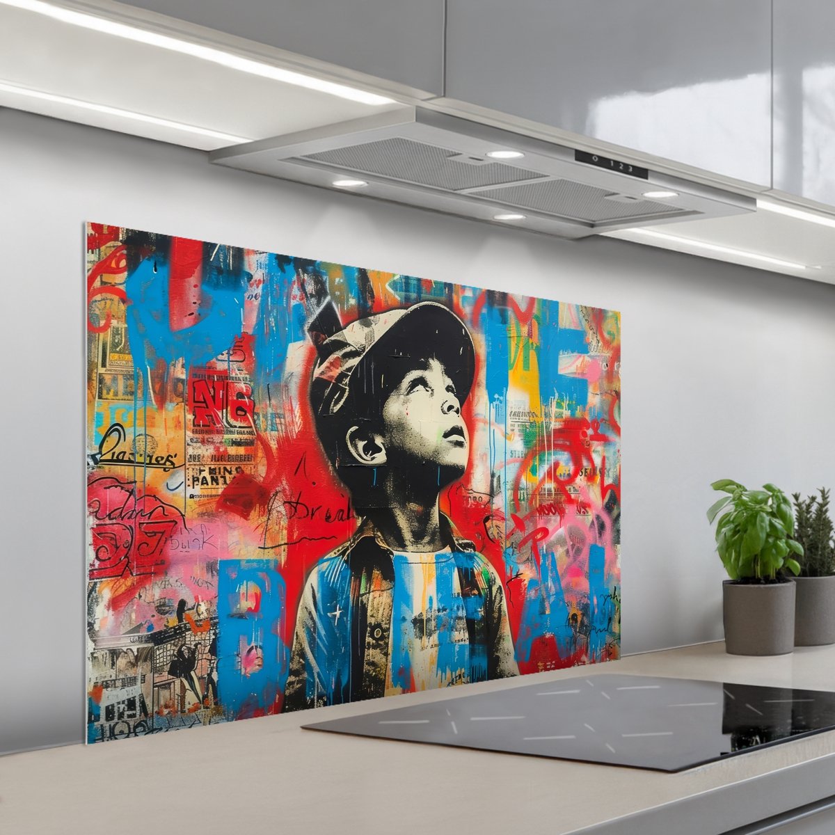 KitchenYeah Spatscherm 100x65 cm Zelfklevende achterwand Graffiti Jongen Street art Kleuren Keuken muurbeschermer Spatwand fornuis