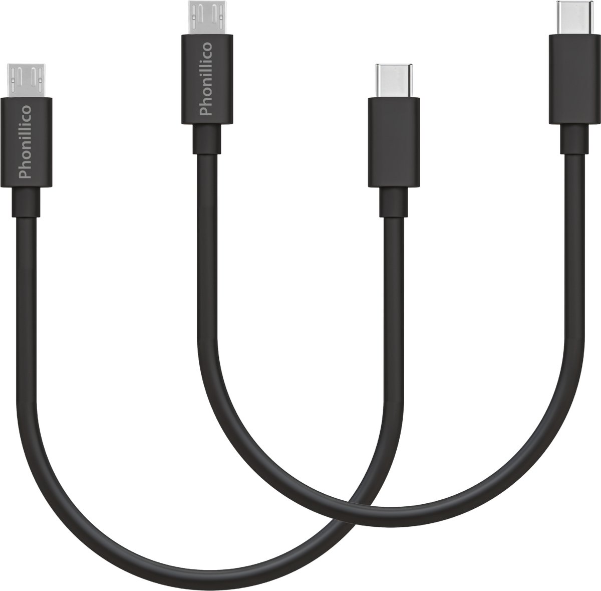 2x Micro USB naar USB C Kabel Zwart - 0,2 meter - Oplaadkabel voor Honor 9 Lite / 10 / 10 Lite / 20 Lite / Holly / Magic 2 / Play 8A