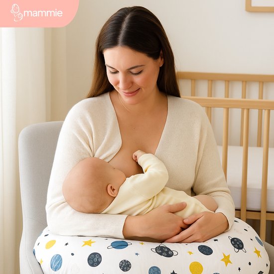 Vrouw voedt baby op wit kussen met blauwe en gele ruimteprint. Baby draagt een lichtgele outfit. Grijze stoel en ledikant op achtergrond.