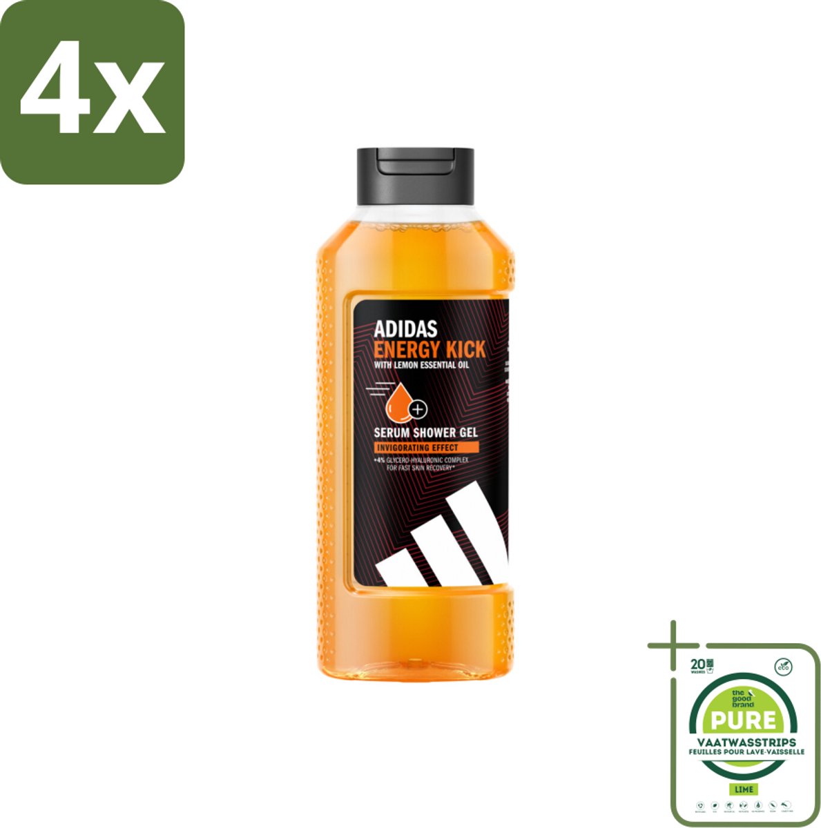 Adidas – Douchegel – Active Skin & Mind Energy Kick – 400 ml - Voordeelverpakking - 4 stuks - Douchegel - Energie