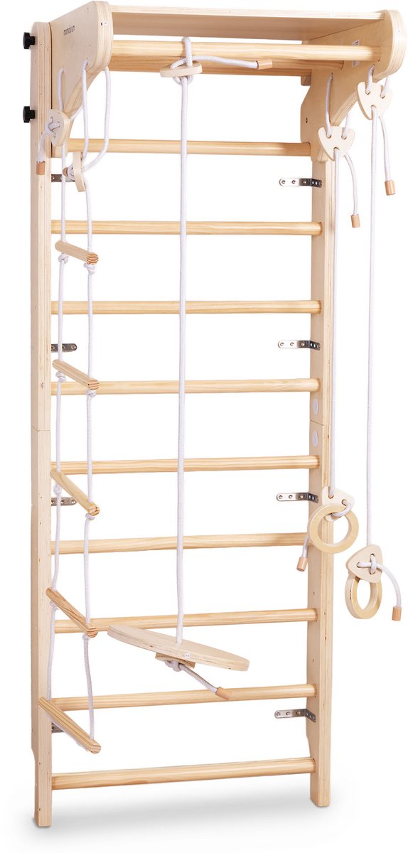Mamabrum Montessori Houten Klimrek voor Kinderen 3+ Wandgemonteerd Gymrek met Schommel, Gymringen & Klimtouw – Indoor Motoriek Speelgoed — afbeelding 3