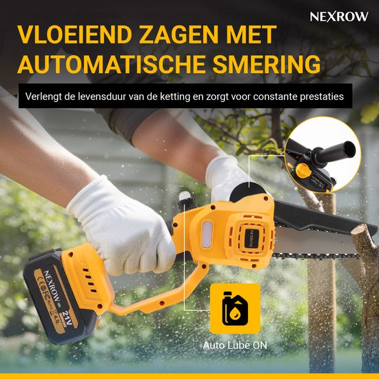 NEXROW Mini Kettingzaag - Elektrische Snoeizaag - 6 & 8 Inch Zaagblad - 2x 4000 mAh Accu - Inclusief Oplaadstation & Schuimkoffer - Brushless Motor - Automatische Kettingsmering - Veiligheidskettingrem van NEXROW — afbeelding 3