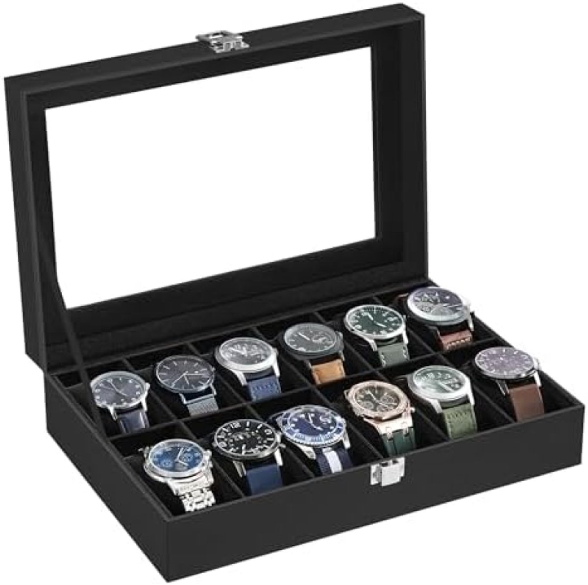 Modern Horloge opbergdoos met 12 vakken en glazen deksel - Horloge - Organizer