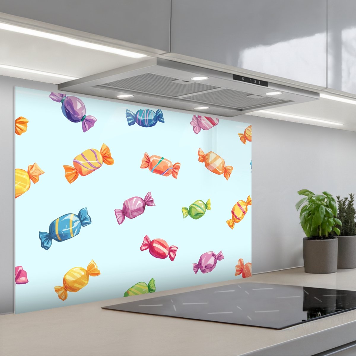 KitchenYeah Spatscherm 90x60 cm Zelfklevende achterwand Blauw Patroon Snoep Keuken muurbeschermer Spatwand fornuis