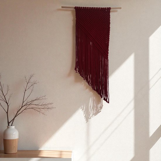 Cafuné Lux Macramé Pakket – DIY Wandkleed Maken – Compleet Knutselpakket – Inclusief Instructievideo – 3mm Macramé Garen – Burgundy – 50cm Houten Stok – Ca. 85cm Lang