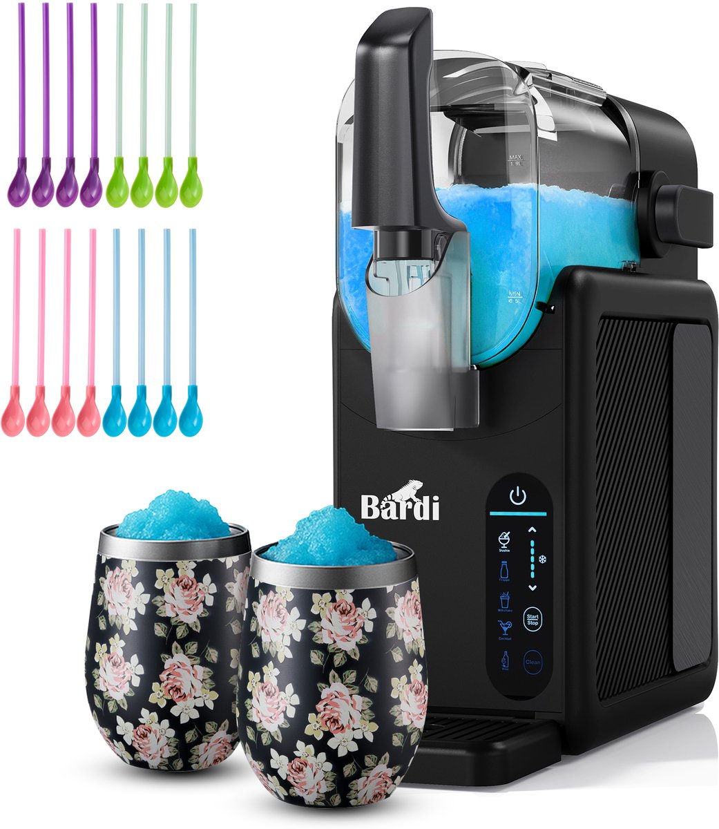 Bardi Slush Hero® Combi – Slushmachine - Slush Puppy Maker 2,6L + 2 Thermoscups Bloemetjes + 12 Slush Lepelrietjes – Voor Slushies, Milkshakes, Frappé & Frozen Cocktails – Zelfreinigend – zwart