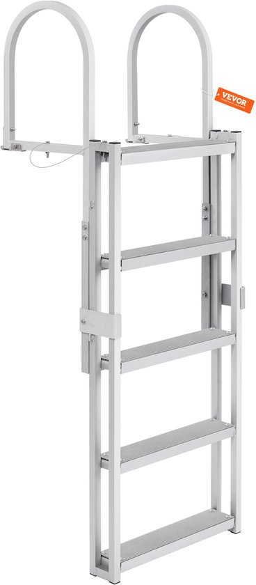 Een aluminium bootladder met 5 treden en gebogen handgrepen, op een witte achtergrond. Bevat een VEVOR-label.